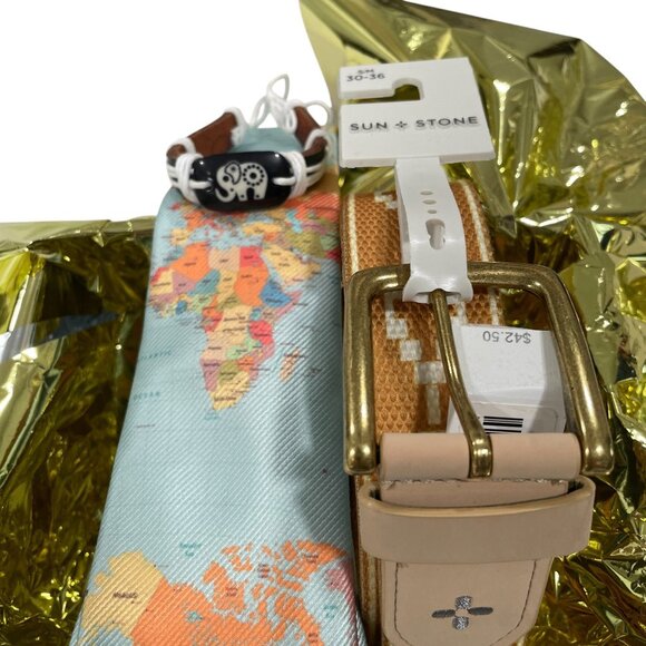 World Map Necktie Tan Woven Belt Elephant Bracelet Gift Set Men Travel Style - Picture 14 of 14